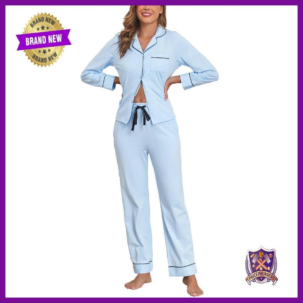 100% Cotton Pajama Set Long Sleeve Button Down Sleepwear with Pockets